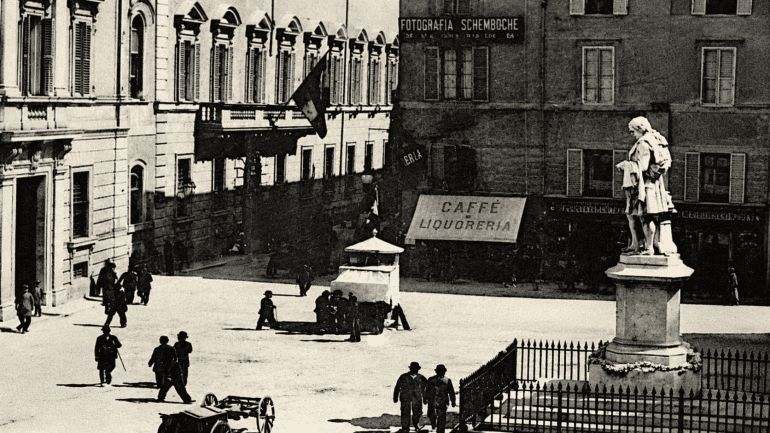 Historic view of Piazza San Silvestro with the Metastasio monument