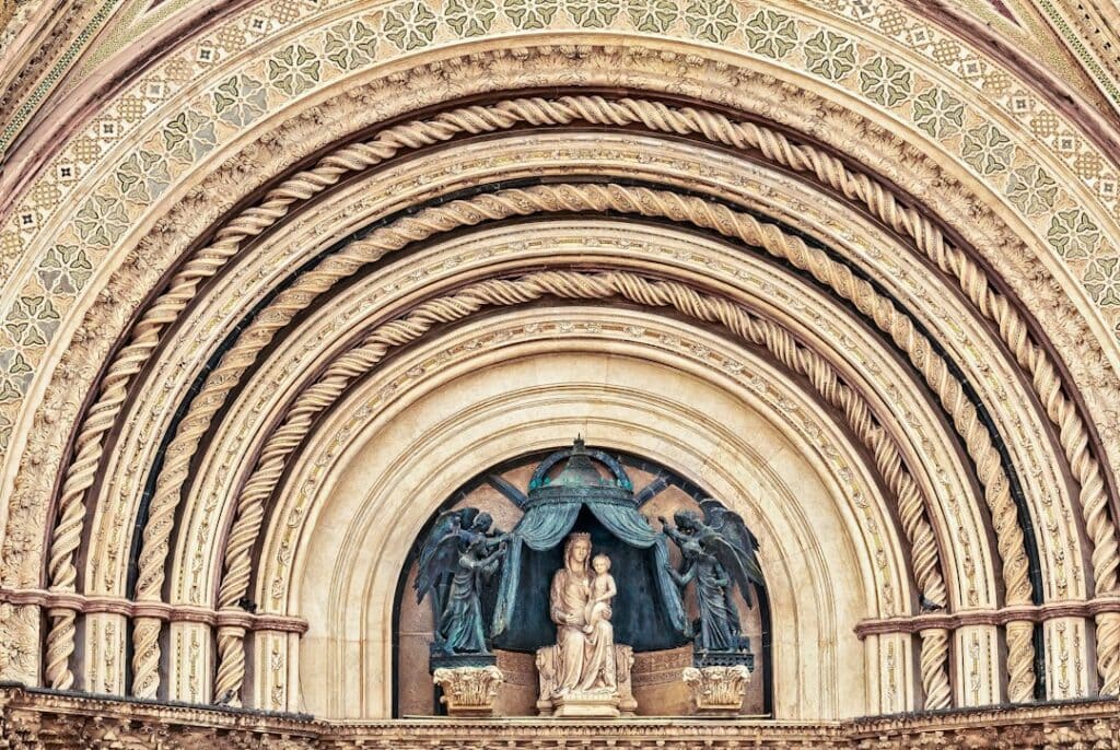 Sculpted marble detail on the façade of Orvieto Cathedral